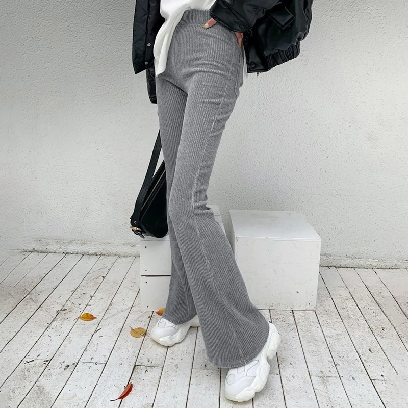 

Solid Female Corduroy Flare Pants Women Casual Fall Winter Harajuku Long Stretch High Waist Trousers Sweatpants Capri