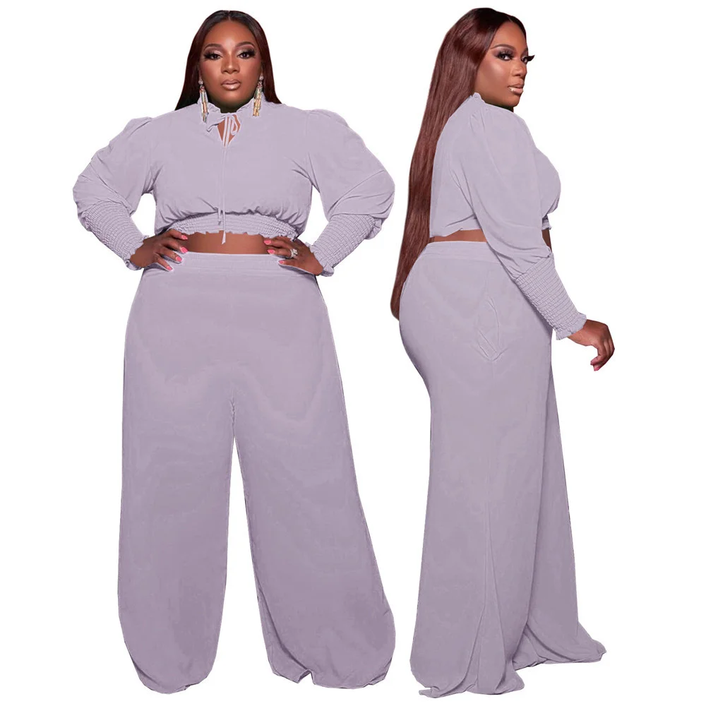 Plus Size Two Piece Set Women Fall Clothes Casual Crop Top Pants Sets Solid Bandage Long Sleeve Outfits Whole 3xl 4xl 5xl 6xl