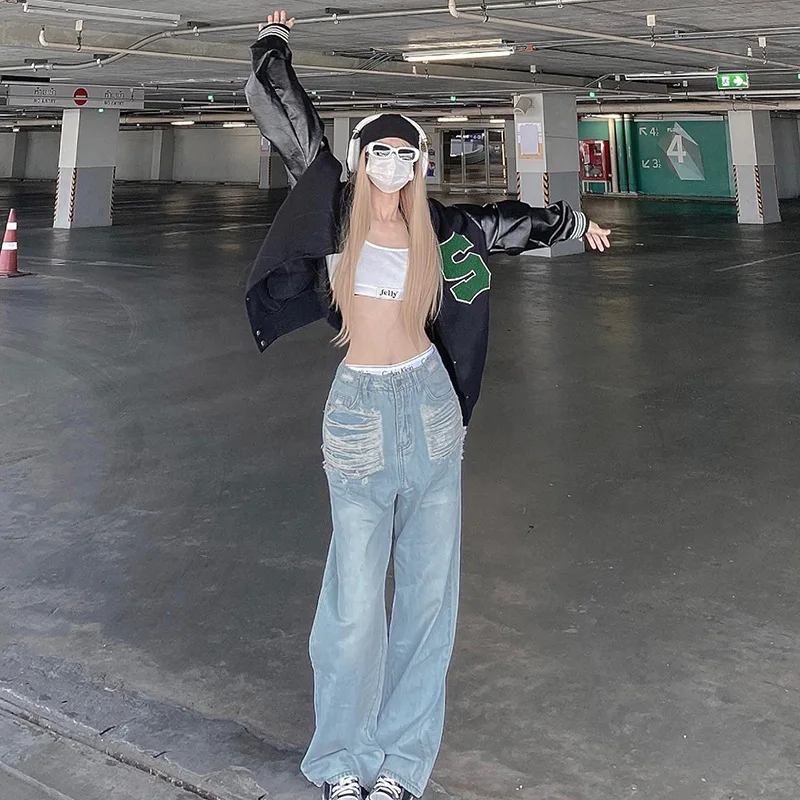 Women's Jeans Wide Leg Pants Trousers Women Streetwear Y2k Vintage Clothes Casual Distressed Jeans Gradient Loose Denim Pants