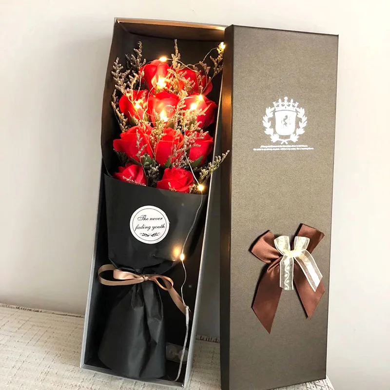 

11pcs Soap Rose Carnation Flower Bouquet Gift Box With Led Birthday Valentine's Day Christmas Gifts for Girlfriend Wife Mother