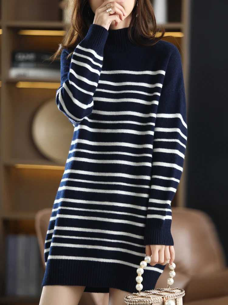 

LHZSYY Women 100%Pure Wool Long Sweater Winter New Knit Half Turtleneck Striped Casual Pullover High Waist Sweater Wild Thick