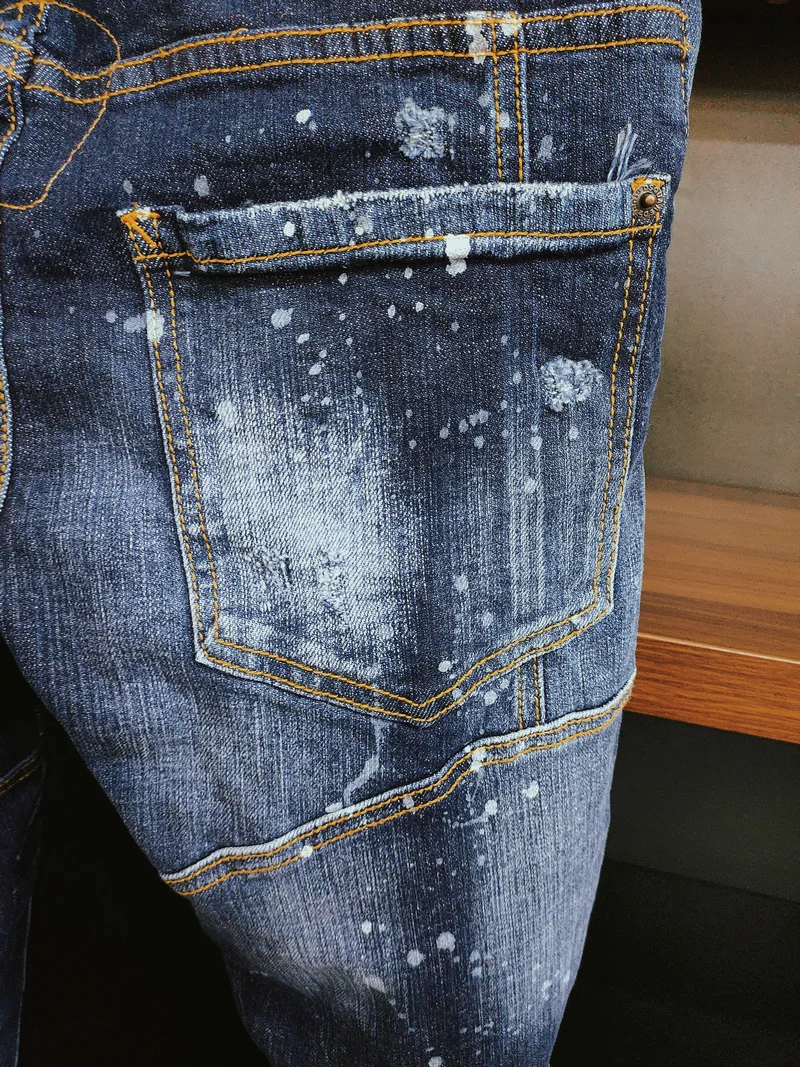 New Men's Dsquared2 Buttons Jeans Ripped For Male Skinny  Pants Men's Denim Trousers Top Quality Slim Jeans A388