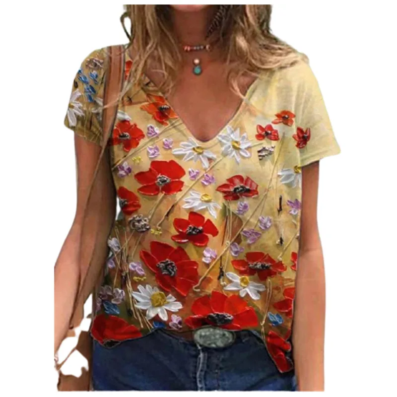 

3D Floral Print T-shirt Women 2022 Summer V-Neck Short Sleeve Bohemian Tops Casual Streetwear Loose Plus Size Female T-shirt