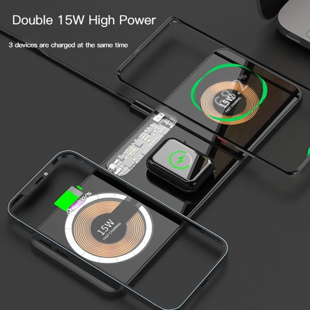 

Transparent Tempered Glass 3 in 1 Magnetic Charging Pad for iPhone 14 13 Pro 12 15W Fast Wireless Charger for Apple Watch