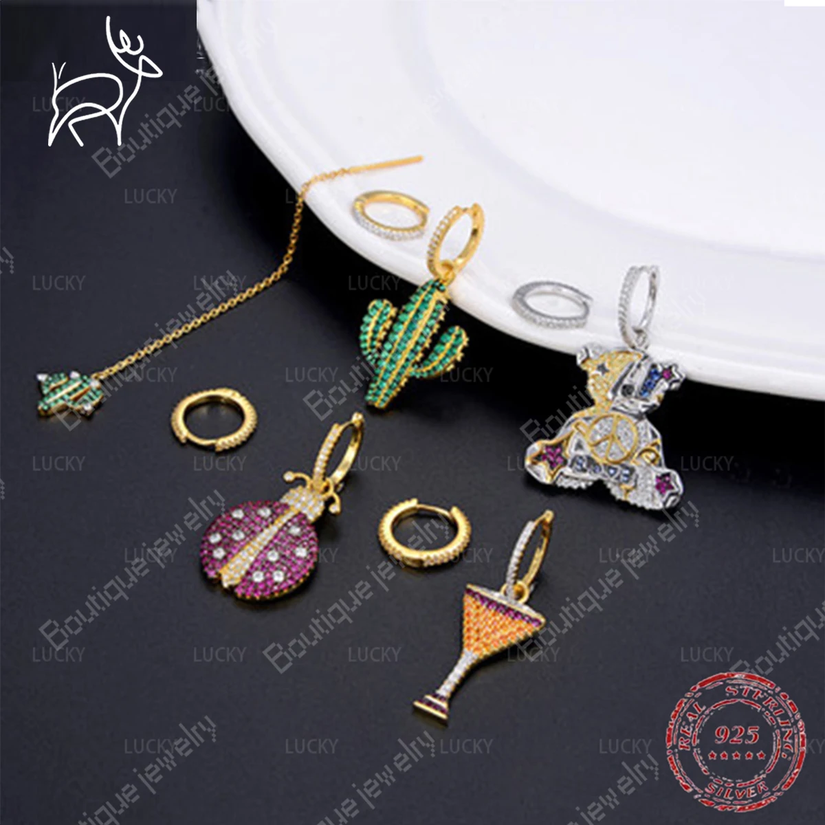 

S925 Sterling Silver Small Diamond Devil Cactus Orange Asymmetric Personalized Earrings Luxury Monastery Jewelry