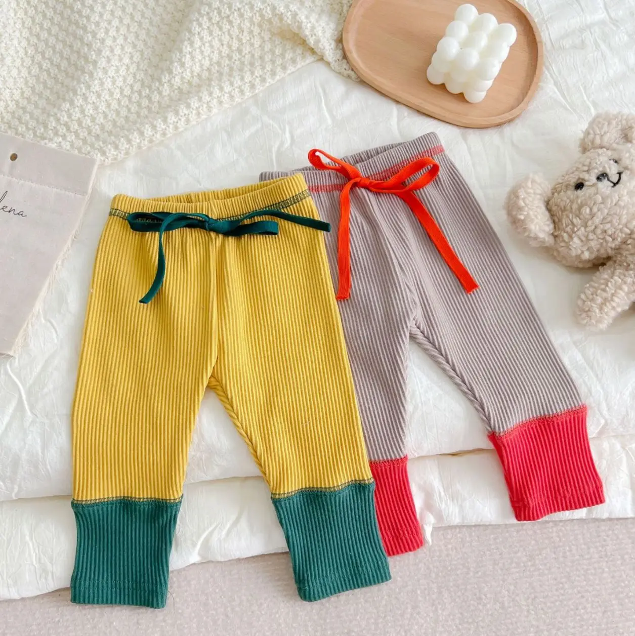 

2022 New Baby Pants Patckwork Elastic Waist Outfit SweatpantsToddler Girls Ribbed Leggings Kids Cotton Trousers Child Clothes