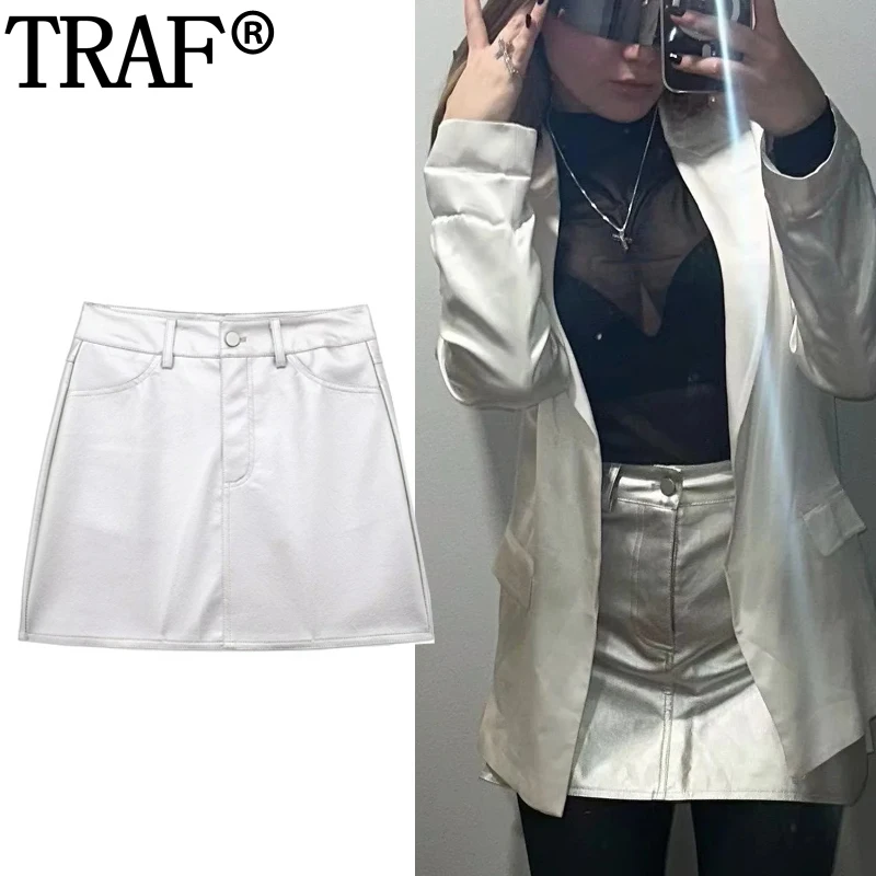 

Юбка женская кожаная Серебристая с завышенной талией, Y2K