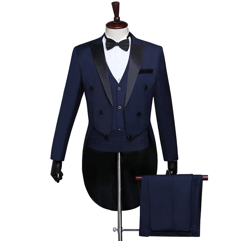 Mens Tuxedo Tailcoat Formal Dress Suits Swallow Tail Coat Navy Blue Male Jacket Suits Party Wedding Dance Magic Performance
