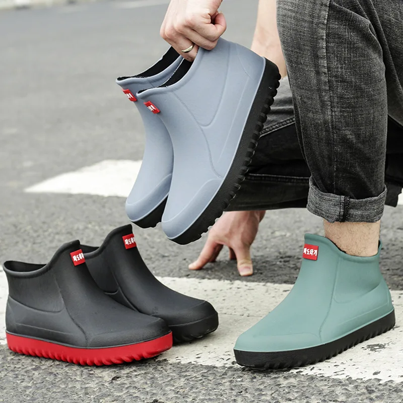 

Men's Rain Boots Outdoor Fashion Rubber Plus Warm Waterproof Shoes Black Red Anti-Slip Ankle Rain Boots Bottes De Pluie 장화