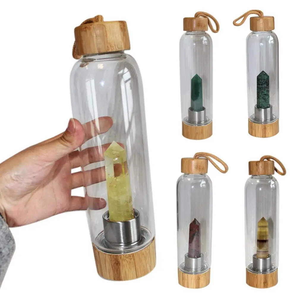 

Natural Crystal Column Gemstone Energy Healing Glass Water Bottle Cup Drinkware
