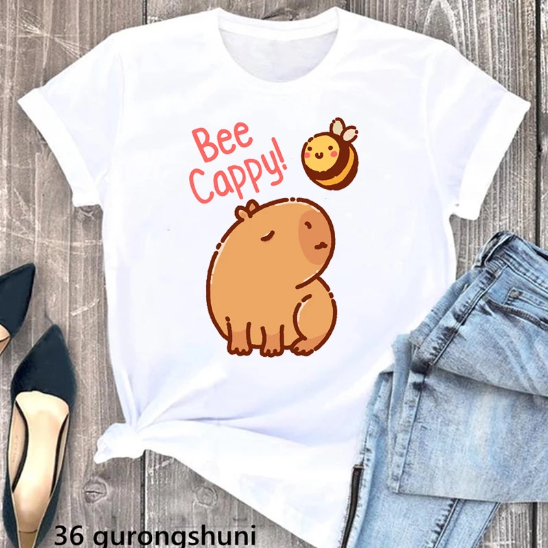 

Bee Cappy Graphic Print Tshirt Girls Kawaii Capybara T Shirt Women Clothes 2023 Harajuku Shirt Summer Short Sleeve T-Shirt Tops