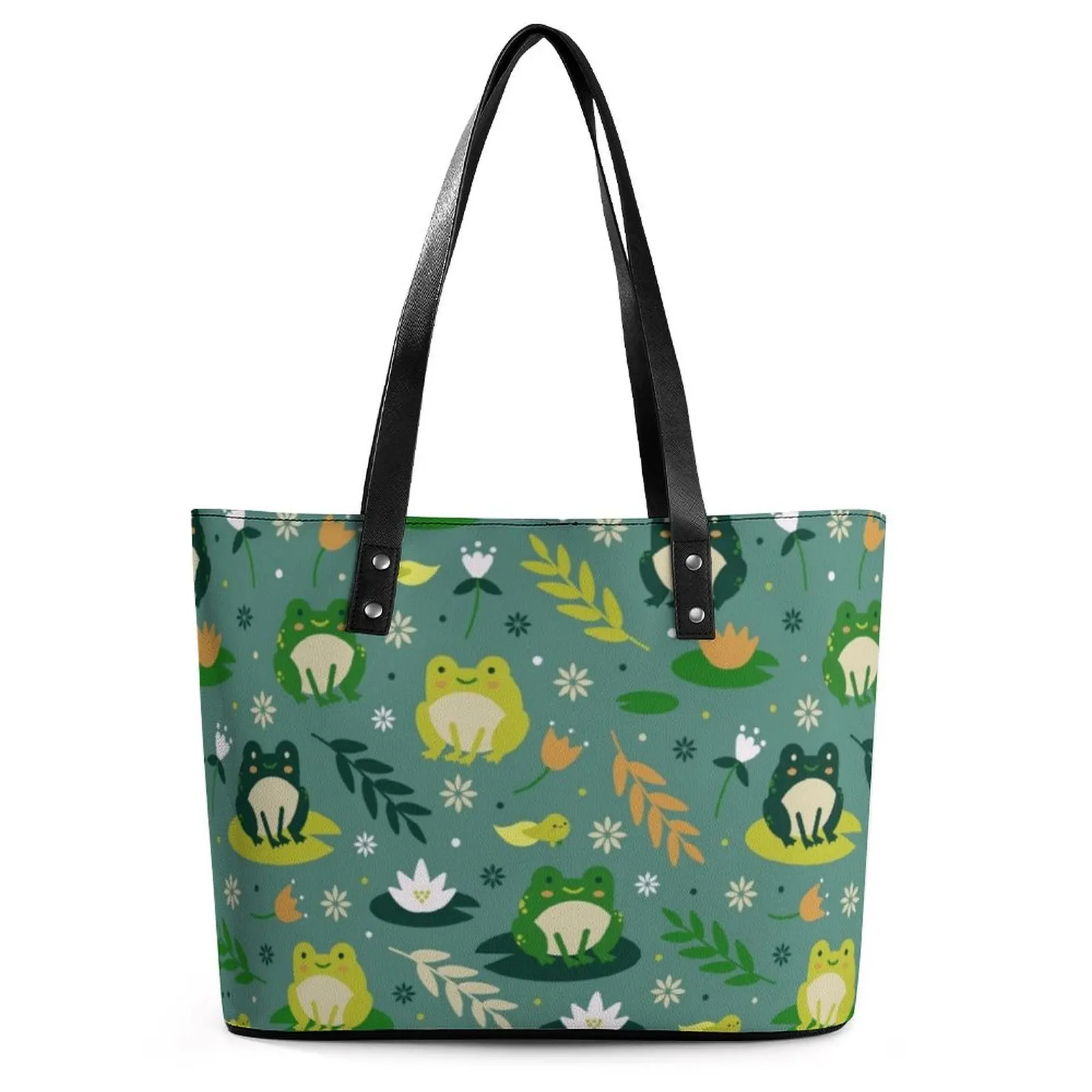 

Cute Frogs Pattern Handbags Green Plant Leaves PU Leather Shoulder Bag Ladies Office Designer Tote Bag Ziplock Stylish Hand Bags