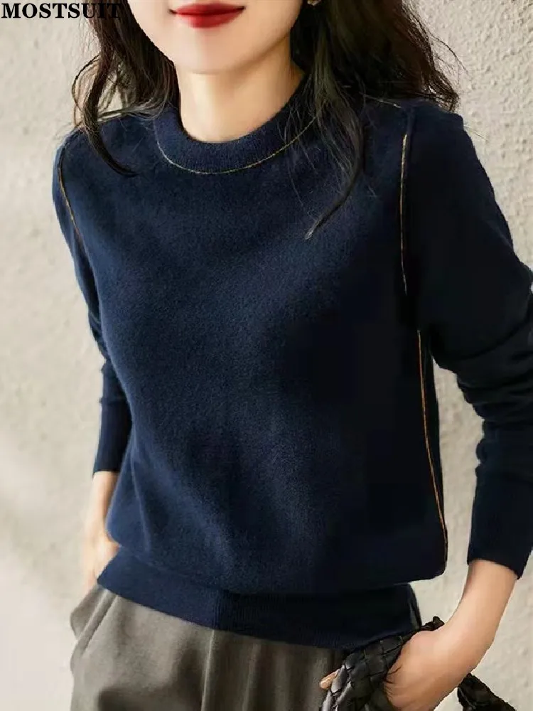 

Navy Workwear Vintage Women's Sweater Pullover Autumn Winter Solid All Match Fashion Ladies Knitwear Long Sleeve O-neck Jumper