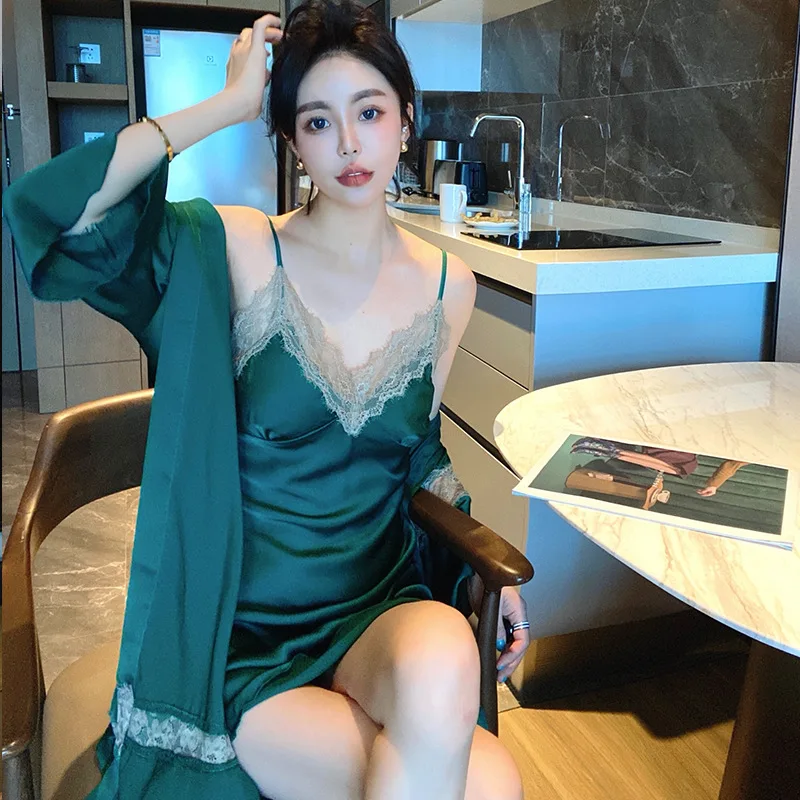 New suspender nightdress two-piece ice silk homewear wholesale sexy pajamas lingerie set with robe
