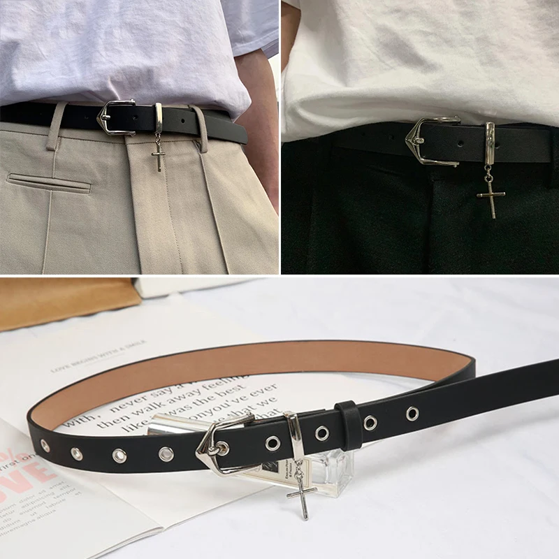 Cross Pendant Jean Pants Belt Fashion Retro Men Woman Black Thin Belts PU Leather Metal Pin Buckle Hip Hop Students Waistband