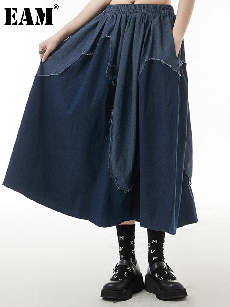 

[EAM] High Elastic Waist Blue Denim Spliced Long Casual Half-body Skirt Women Fashion Tide New Spring Autumn 2022 1DE6306