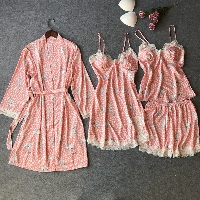 [ OUTFIT + STRAP DRESS + CAMIS + SHORT PANT ] 4pcs Set Sleepwear Pajama Suit Satin Chiffon Bathrobe Nightwear Lounge Plus Size