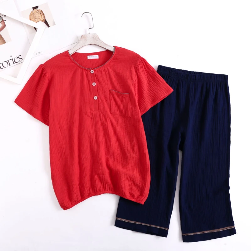 

Уютный Топ из креп-Марли 99% хлопок с коротким рукавом и круглым вырезом укороченные брюки одежда для сна для женщин 2022 летняя Свободная Женская домашняя одежда