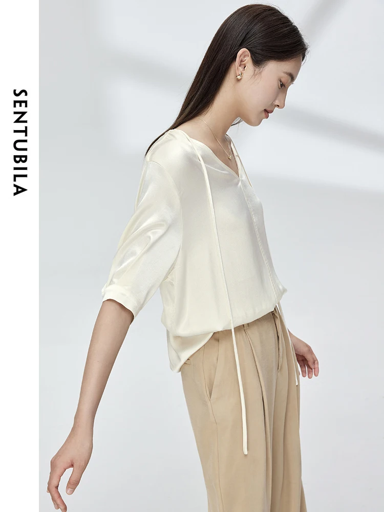 Женская шифоновая рубашка с V-образным вырезом на шнуровке