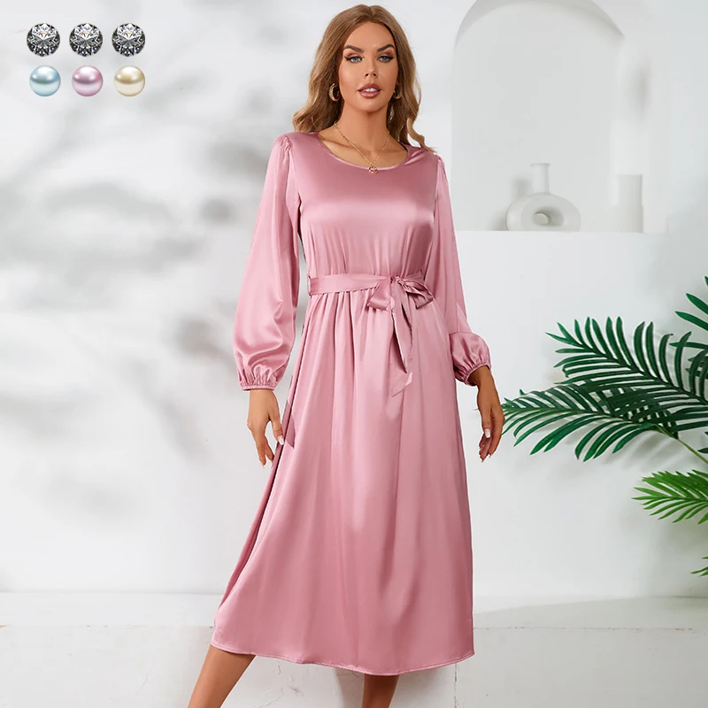 

[Дропшиппинг 050] розовое Бандажное платье миди с круглым вырезом, Осеннее пикантное элегантное платье с поясом, свободные длинные платья с п...