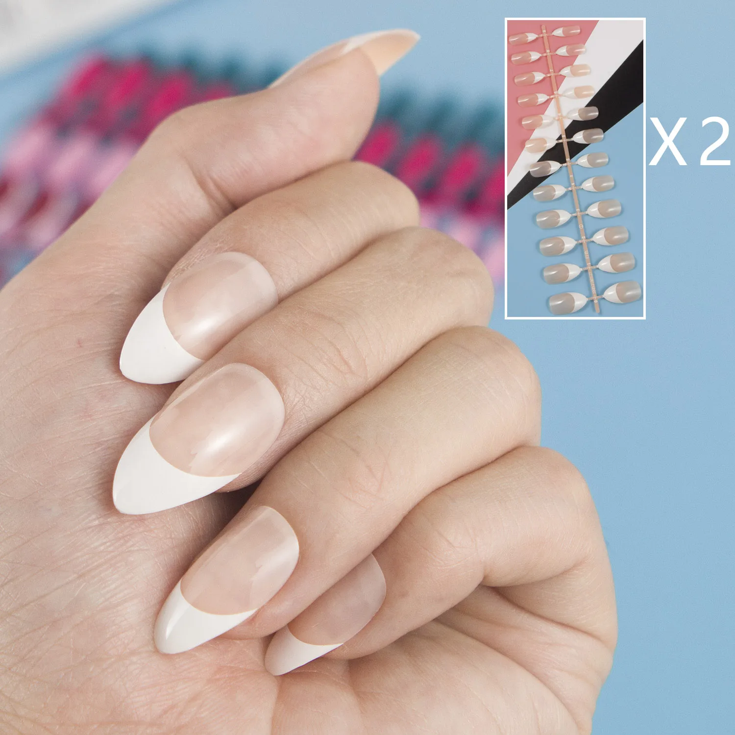 

(Купите 2 комплекта, чтобы сэкономить на доставке) 2 комплекта миндальных французских накладных ногтей с УФ-покрытием прочный пресс на накла...