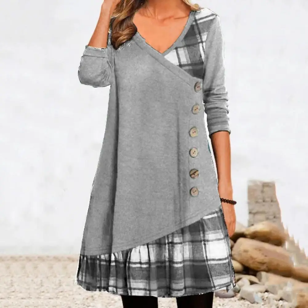 

Mini Dress V Neck Soft Dressing Up Pure Color Plaid Stitching Print Holiday Party Dress Fashion Dress Female Clothes