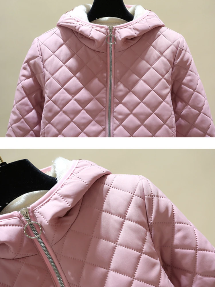 Winter Women's Clothing 2023 Fashion New Metal Zipper Hooded Plaid Cotton Coat Women's Thickened Stand Collar Jacket Coat Thick
