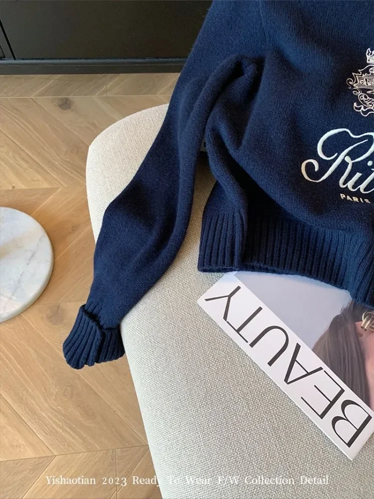 Свитер с вышивкой букв Deeptown 2024 весенне-осенний женский трикотаж длинными