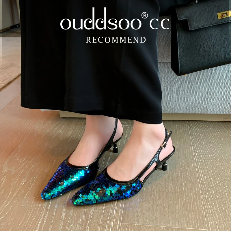 

ODS Blue Sequined Cloth Shallow Women Sandals Pointed Toe Slingback High Heels Summer Shoes Sexy Pointed Toe Lady Sandalias Femm