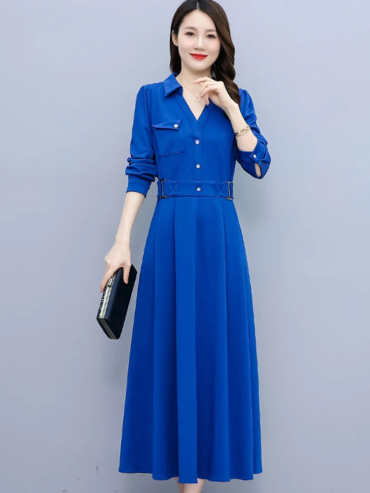 

2022 Spring Autumn Blue Formal Midi Dresses For Women Party Chic Casual Elegant Bodycon Long Sleeve Luxury Korean Fashion Dress