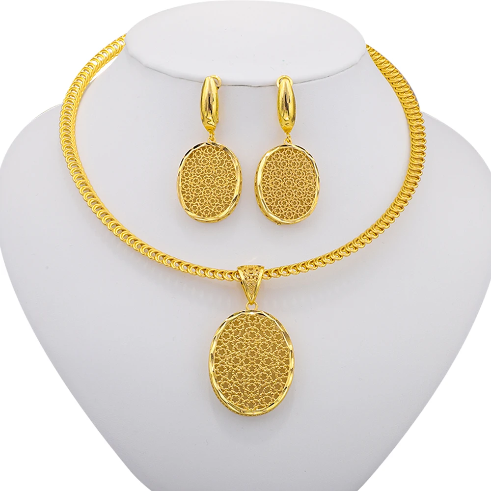 

French Oval Hollow Shape Pendant Necklace Earrings Charm Wedding Set Daily Matching Anniversary Party Gift Free Shipping