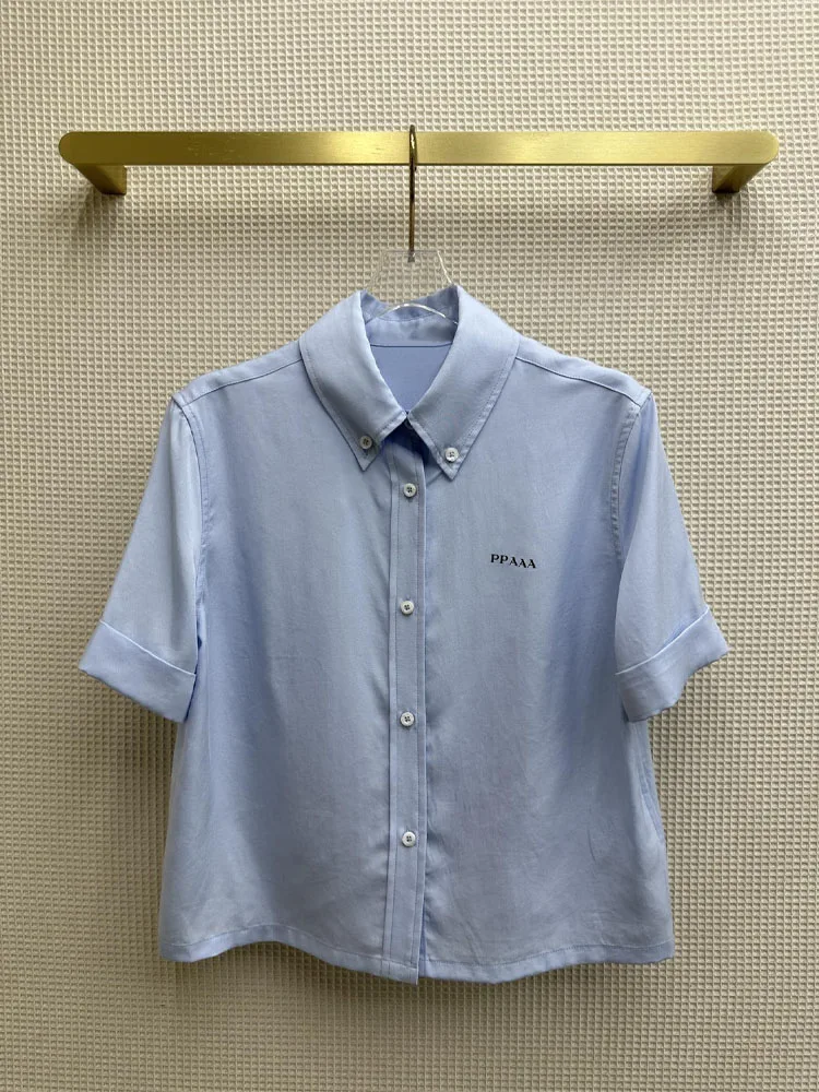 

2023 повседневные синие рубашки на пуговицах, женская простая короткая шелковая рубашка, женские блузки, винтажная блузка, рубашки