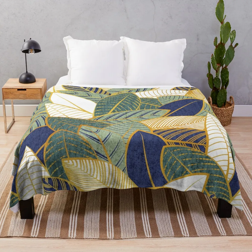 

Leaf wall // navy blue pine and sage green leaves golden lines Throw Blanket Luxury St Blanket