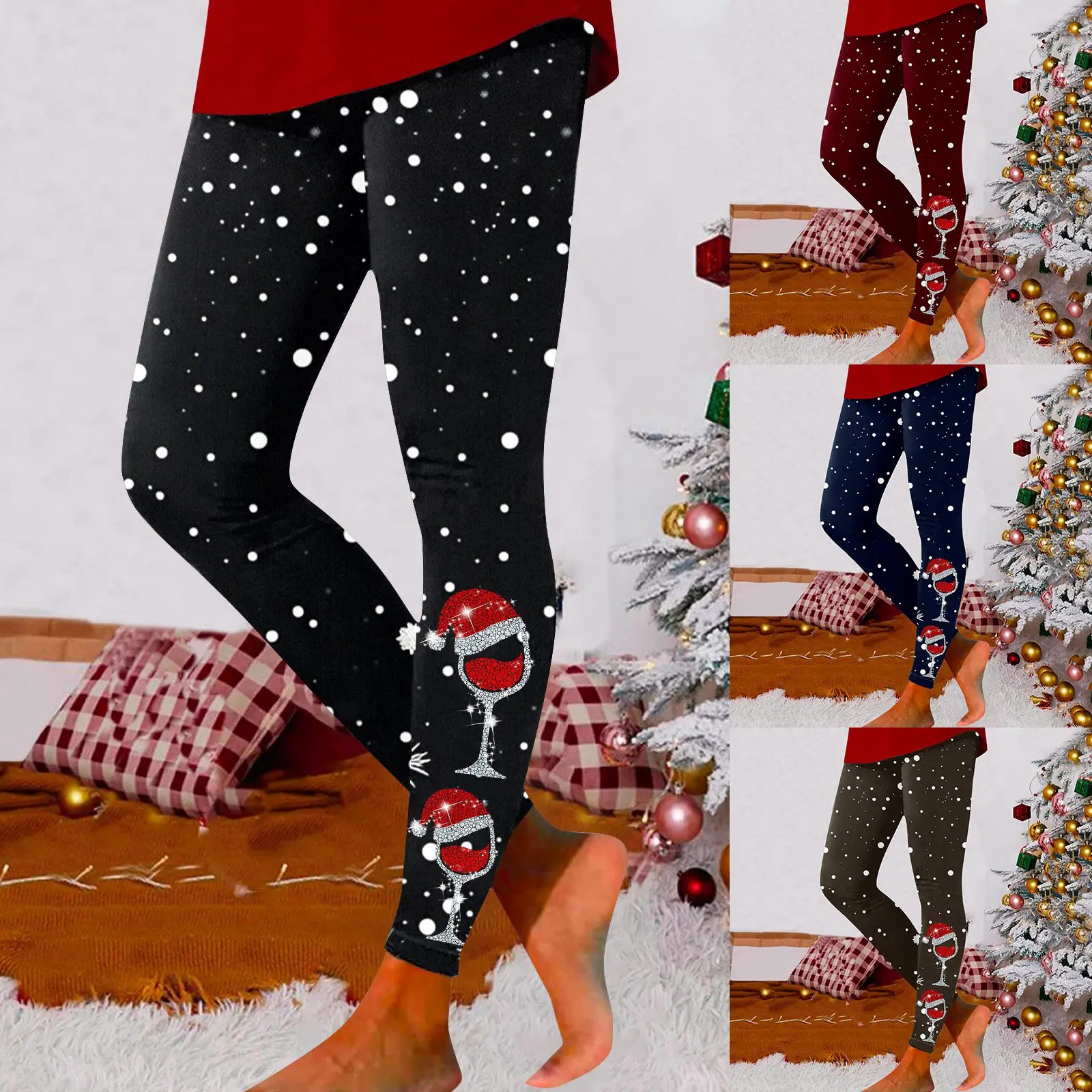 Женские рождественские леггинсы с рисунком бокала для вина колготки высокой