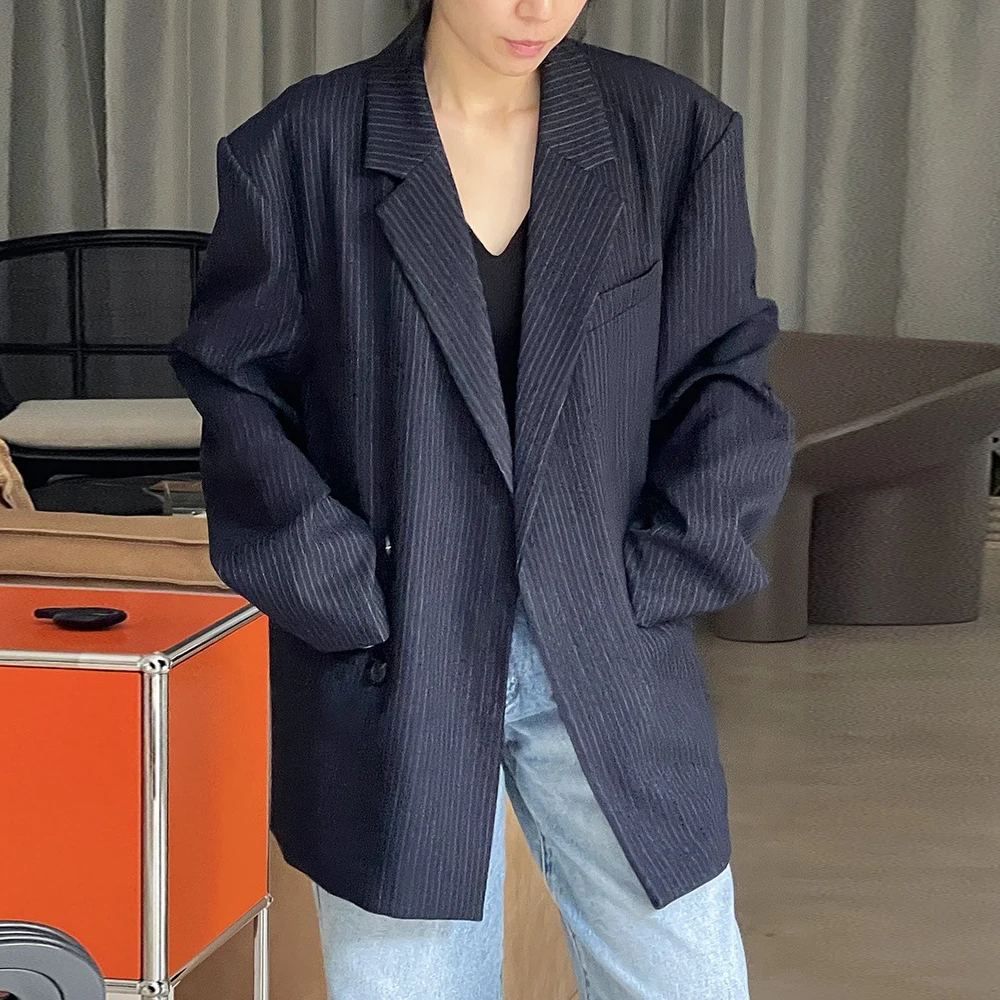 TWOTWINSTYLE винтажные полосатые свободные пиджаки для женщин с зубчатым воротником и