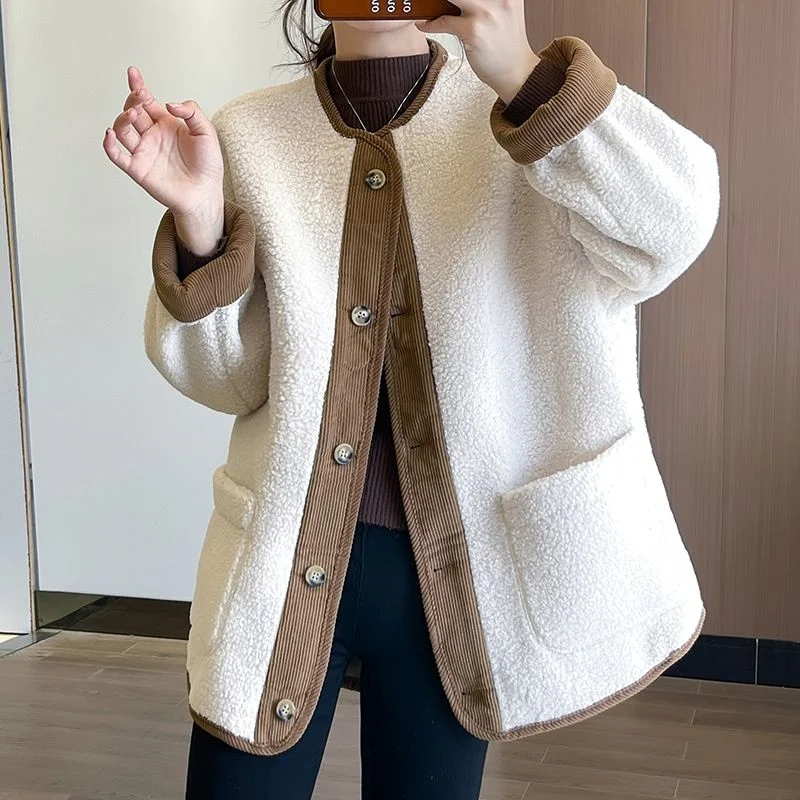 

Women Clothes Retro Patchwork Lamb Wool Coat Fall Winter Korean O-neck Long Sleeve Outwear Fashion Warm Streetwear Casual Jacket