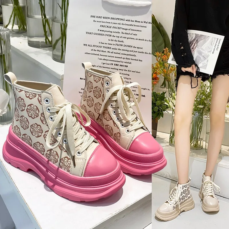 Fashion high-top shoes women's 2022 new thick-soled shoes printed leather daddy shoes women's casual single boots