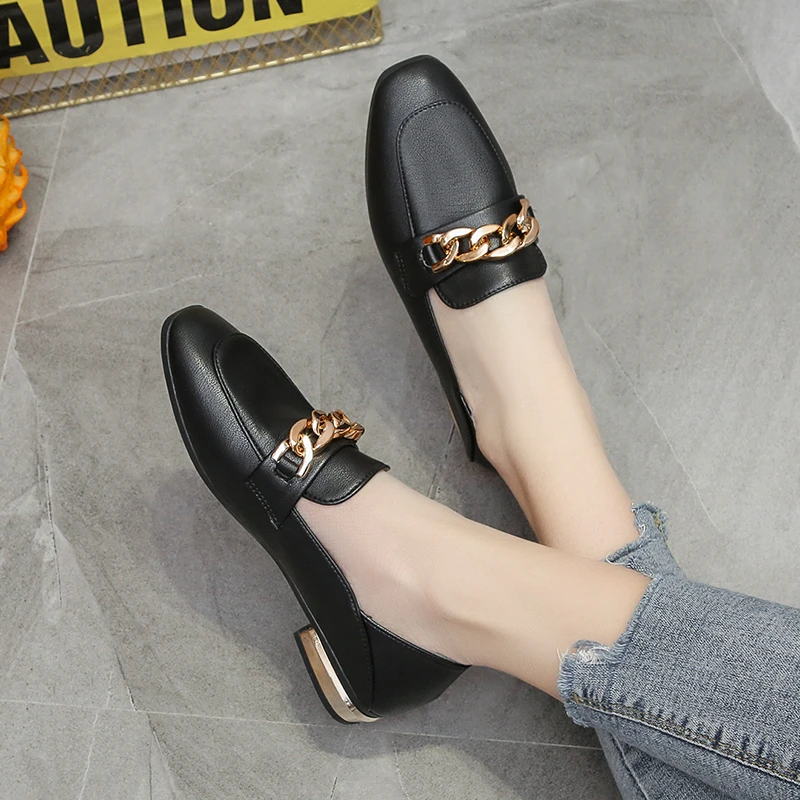 2022 spring and autumn fashion British style retro square head metal decorative women's shoes PU casual student flat shoes