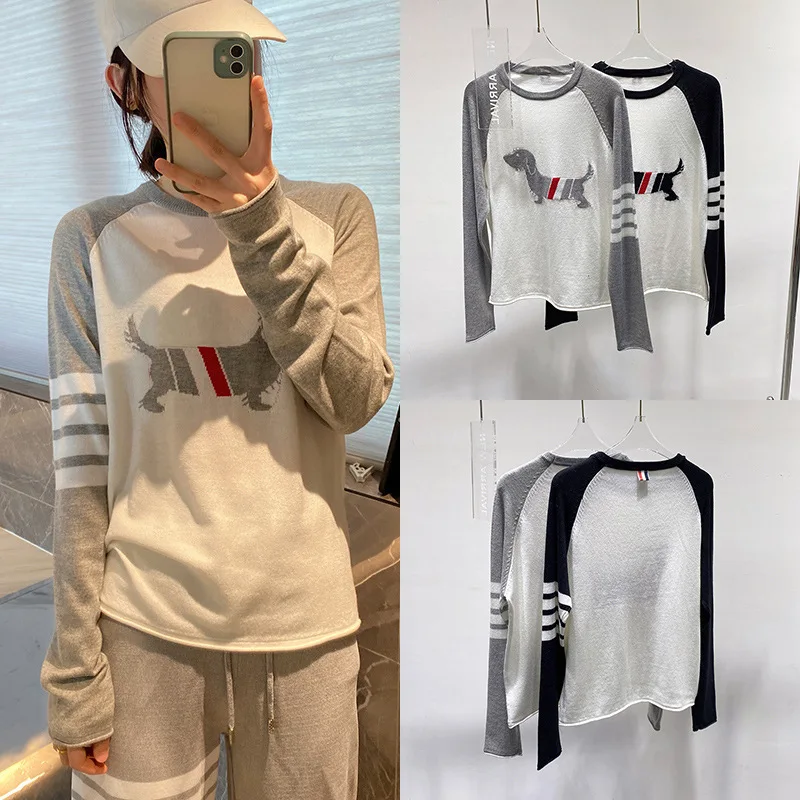 

High Quality TB Four Rod Dog Pattern Raglan Sleeve Round Neck Pullover Knitted Women's Contrast Long Sleeve Sweater Top