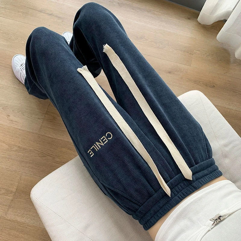 Chenille Wide-Leg Pants Fleece-Lined Thickened Straight Loose Drooping Blue Casual Pants Loose High Waist Slimming Mop Pants