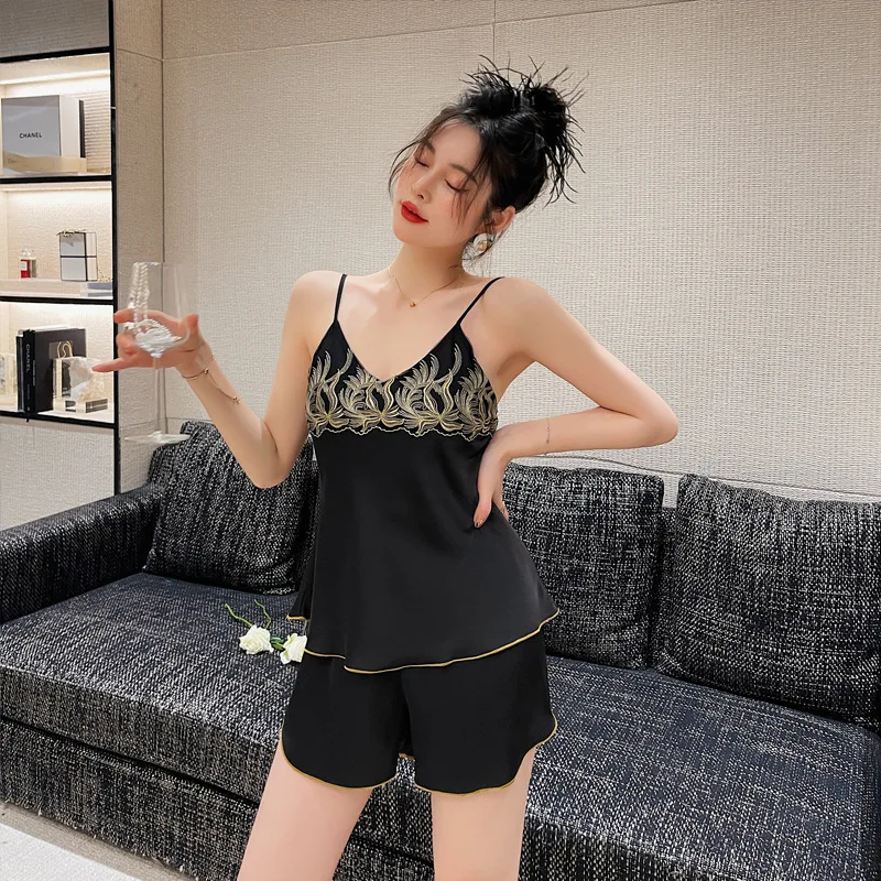 

Shirt Shorts Nightwear Women Pajamas Sleepwear V Neck Suspenders Lace Edge Lounge Home Clothes Ice Silk Homewear Loose 2Pcs