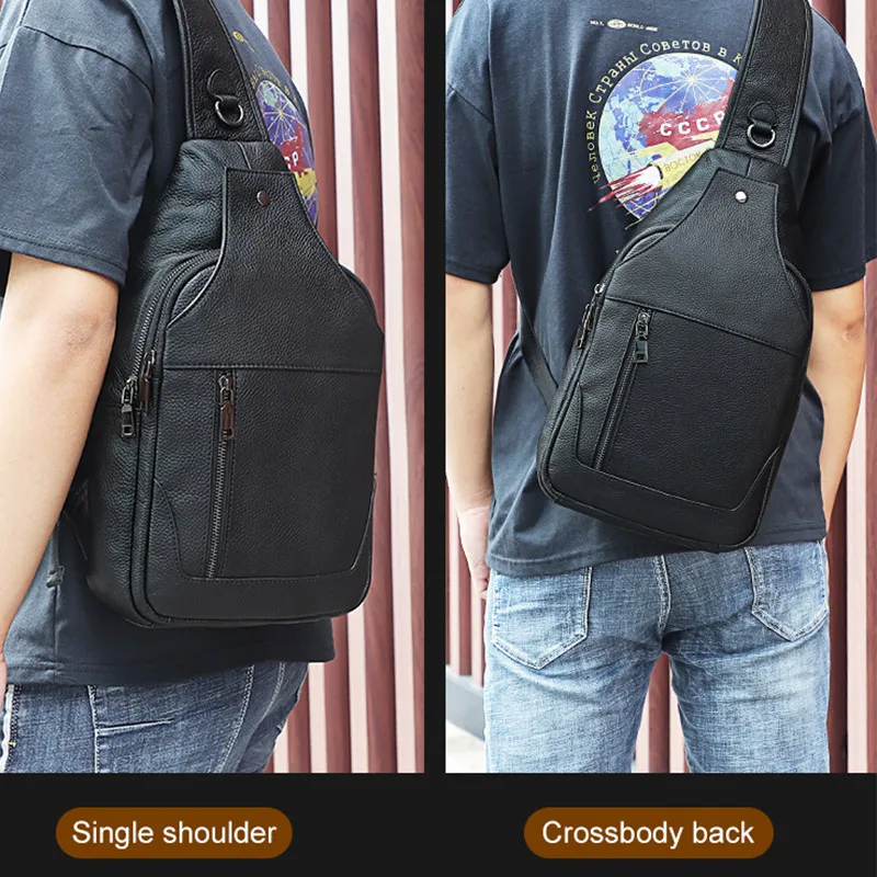 Men's Leather Chest Bag Fashion Top Layer Cowhide Casual Messenger Bag Male Black Leather Shoulder Bag Large-Capacity Sport Bag