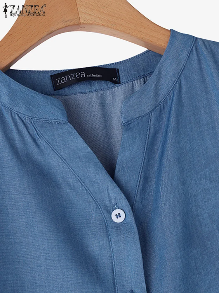 Женская джинсовая рубашка с V-образным вырезом рукавом 3/4 и пуговицами