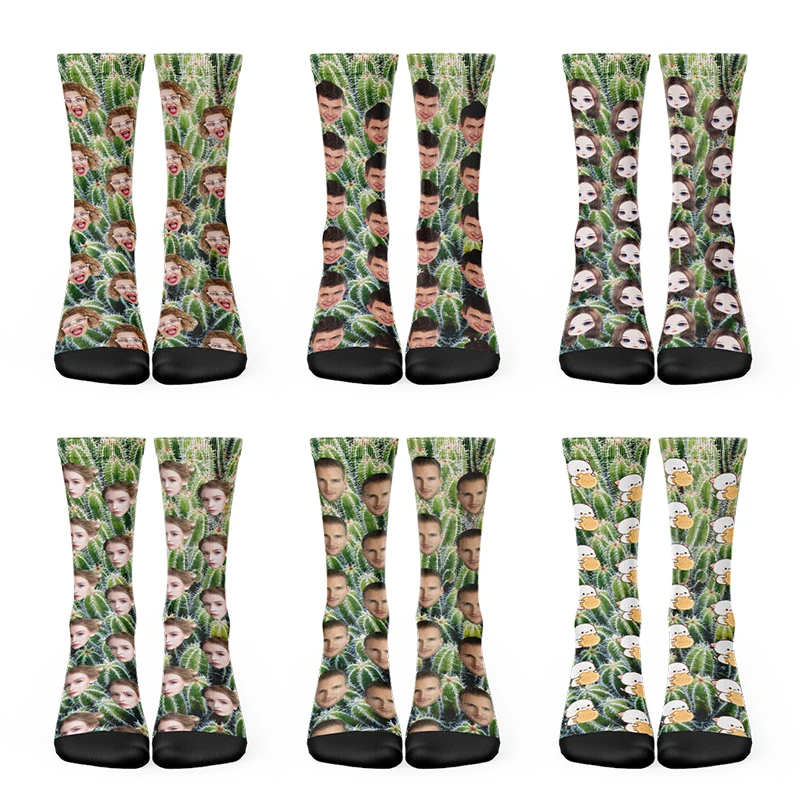Creative Customized Cotton Socks Cactus Pattern And Your Face Custom Interesting Fashion Neutral Socks Multi Size Surprise Gift