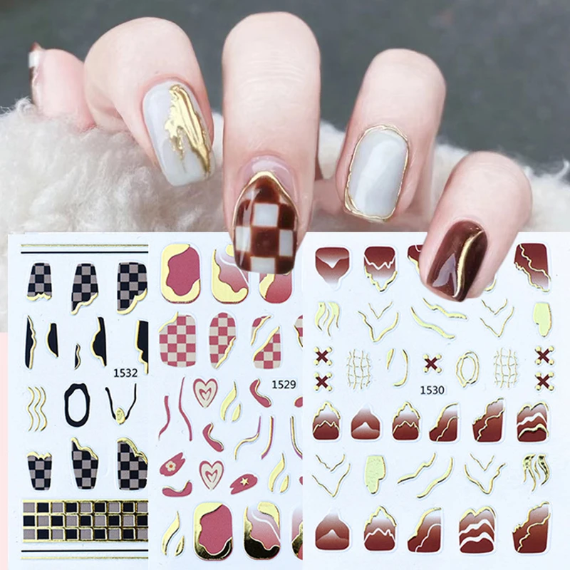 

Stylish Simply Irregular Plaid Self-Adhesive Nail Designs Checkerboard Nail Art Stickers Golden Lines Nail Art Decals YZL1