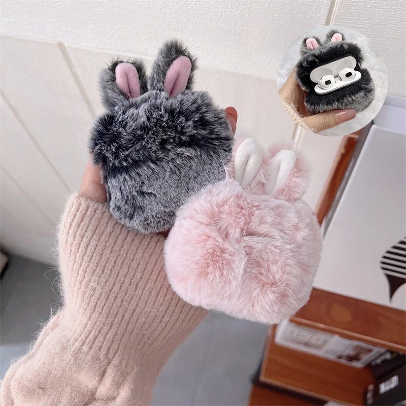 

Cute Plush Rabbit Ear Protector Case for Apple AirPods 1 2 Wireless Charging Box Fluffy Plush Protective Cover for Airpods 3