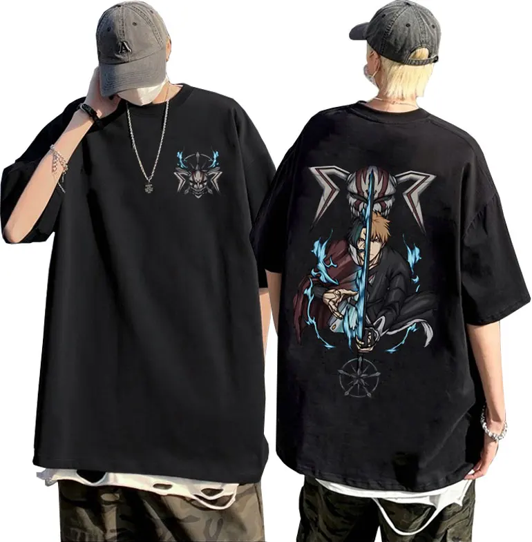 

Japanese Anime Bleach Yhwach and Kurosaki Ichigo Print T-shirt Men's Manga Vintage Casual Short Sleeve Male Fashion Cotton Tees