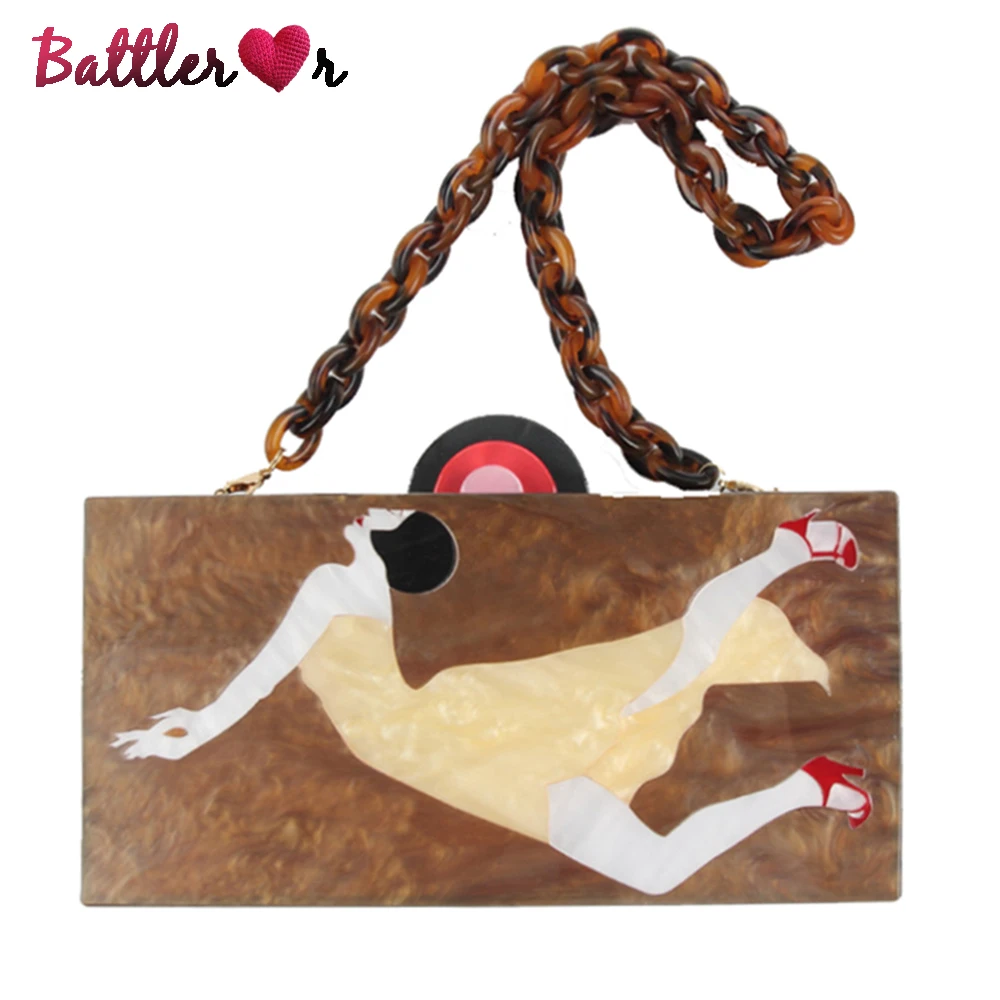 

Beauty Girl Design Shoulder Handbag For Women Handmade Acrylic Vintage Box Flap Thick Chain Dinner Party Female Prom Evening Bag