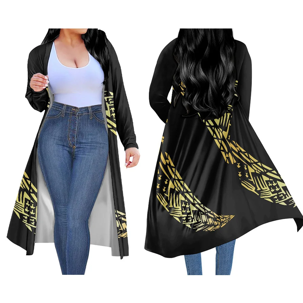 

Polynesian Tribal Samoan Hawaiian Black Yellow Print Custom Cardigan Lightweight Casual Coat Personality Women Kimono Island