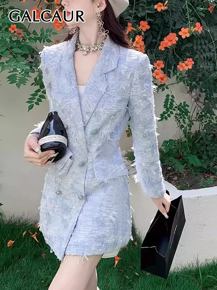 

GALCAUR Patchwork Raw Hem Mini Dresses For Women Notched Collar Double Breasted Minimalist Casual Temperament Dress Female New